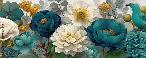 Teal and cream floral pattern with a turquoise bird, vibrant garden scene for decor