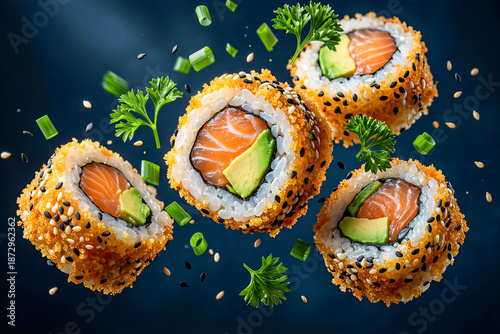 Crispy tempura flakes and sesame seeds on sushi pieces floating in the air against a dark blue background, topped with flying green onions and parsley.