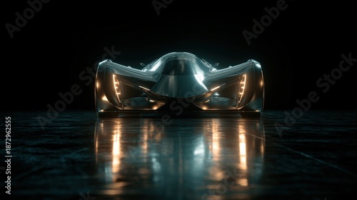 Sleek futuristic race car illuminated in a dark studio setting with reflective floor