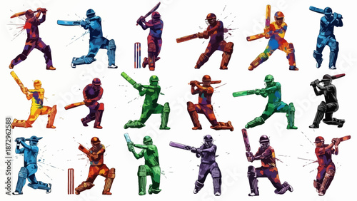 Vibrant plastic cricket players in various dynamic poses on a white background