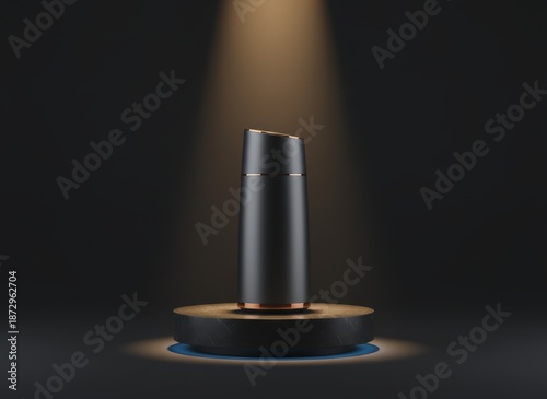 Sleek modern bottle illuminated on a pedestal against a dark background, showcasing design