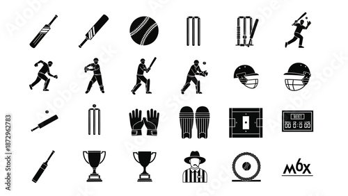 Collection of black cricket icons on a white background illustrating various aspects of the sport
