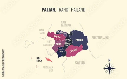 Map showing Palian District Trang Thailand divided into sub districts with minimalist colorful patterns