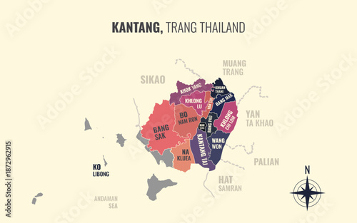 Map showing Kantang District Trang Thailand divided into sub districts with minimalist colorful patterns