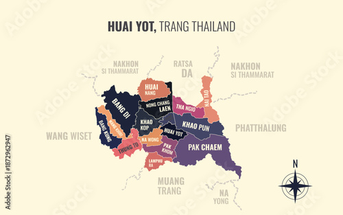 Map showing Huai Yot District Trang Thailand divided into sub districts with minimalist colorful patterns