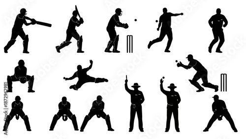 Cricket players in action on the field, silhouetted against a white background, showcasing various game sequences.