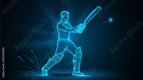 A cricketer in action, hitting a ball with a bat in a dynamic blue neon light environment