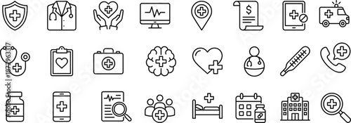 Minimal medical and healthcare icon set featuring hospital services, telemedicine, treatment, diagnosis, doctor support, emergency care, and health insurance symbols.