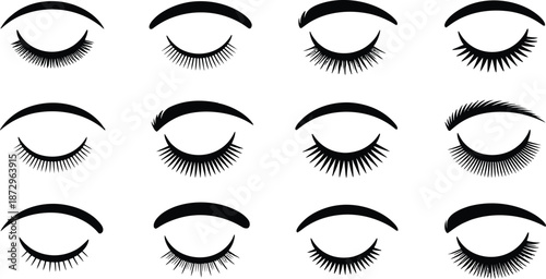 Collection of various closed eye makeup designs with eyelashes isolated on white background.