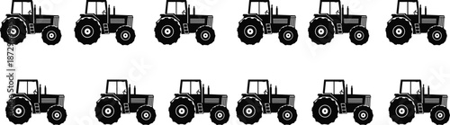 Black tractor silhouette icon pattern set, agriculture farming vehicle illustration, seamless rural machinery background isolated white vector minimal design collection