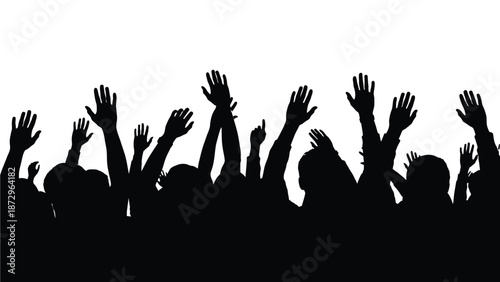 Silhouette of a large diverse crowd with many hands enthusiastically raised up