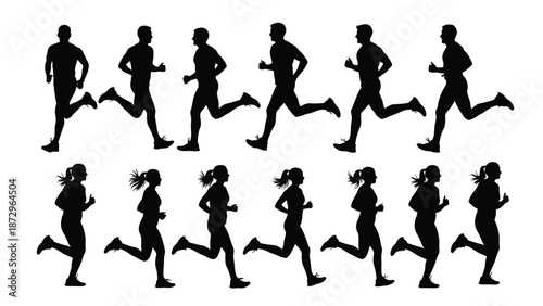 Silhouettes depicting the sequential motion and different phases of male and female running exercise illustrating locomotion and athletic activity progression clearly.