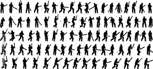 Baseball player silhouette collection, batting pitching fielding actions, sport athlete movement poses, black people icons, isolated illustration set