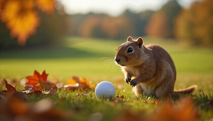Chipmunk observes golf ball on green grass in autumn. Cute animal looks at ball on golf course. Colorful fall leaves and blurred background add seasonal mood.