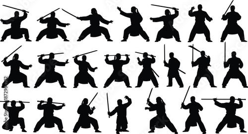 Martial arts warrior silhouette collection, sword fighting poses, samurai and kung fu actions, combat training icons, isolated people illustration