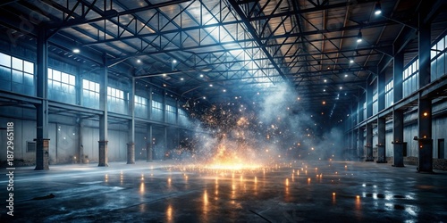 Energetic Light Sparks Exploding in a Vast Industrial Warehouse Setting with Dramatic Lighting and Reflections