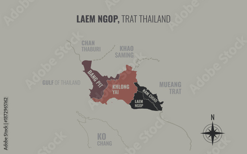 Map showing Laem Ngop District Trat Thailand divided into sub districts with minimalist colorful patterns