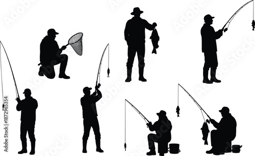 Black fisherman silhouettes collection, angling fishing poses with rods and catch, outdoor sport activity, vector illustration isolated on white background