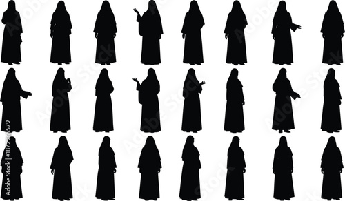 Black abaya woman silhouettes collection, modest Muslim female poses wearing hijab, traditional Islamic clothing, vector illustration isolated on white background