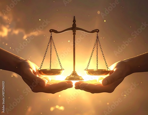 Hands cradling a glowing balance scale under a radiant sky, symbolizing justice, fairness, and the equilibrium of ethical principles in an enlightened world