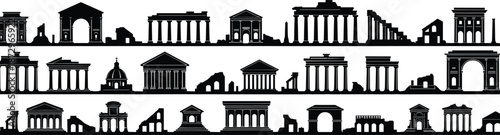 Ancient Roman architecture skyline silhouettes set, classical ruins monuments icons vector illustration isolated on white background for history travel design