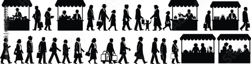 People walking and shopping market silhouette collection, street vendors stalls, daily urban life scenes, crowd activities vector illustration isolated