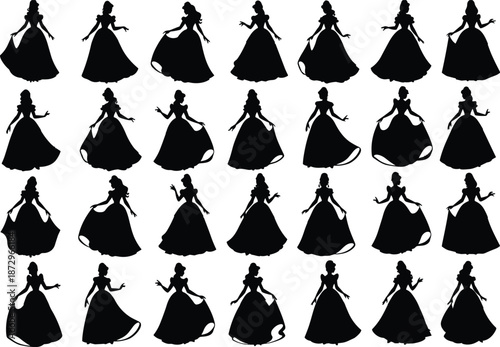 Elegant princess silhouette collection wearing ballroom gowns isolated on white background fairy tale fashion illustration vector character set