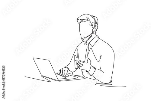 male in corporate dress code clothes and headphones with microphone. Marketing Call concept. Single line draw design. Vector graphic illustration