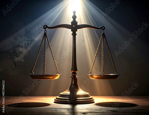 Dramatic Light Illuminates the Scales of Justice, a Powerful Symbol of Impartiality, Balance, and the Fundamental Principles of Law and Order, representing ethical governance and fair judgment