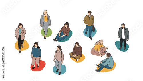 A diverse group of people of various ages and genders are depicted in a top-down isometric illustration, some standing and some sitting on colorful circular mats.