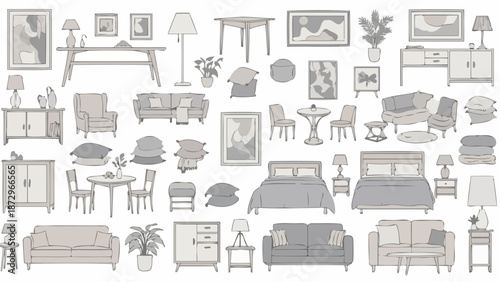 A comprehensive collection of hand-drawn illustrations depicting various furniture items and home decor elements, presented in a neutral color palette.