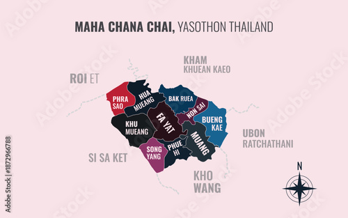 Map showing Maha Chana Chai District Yasothon Thailand divided into sub districts with minimalist colorful patterns