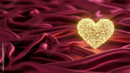 Romantic New Year celebration with a golden heart on luxurious red satin fabric