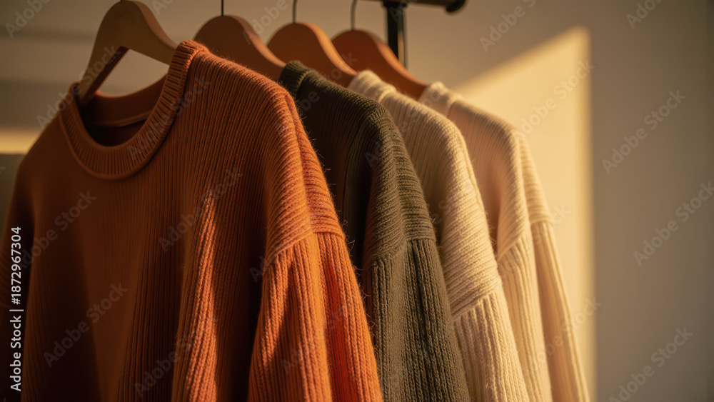 Obraz premium Cozy sweaters hanging on rack, showcasing warm colors and soft textures, illuminated by gentle sunlight