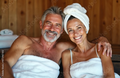 Happy senior couple relaxes wrapped in white towels inside a warm wooden sauna. They smile looking at camera, enjoying spa time together. Mature man has arm around woman.