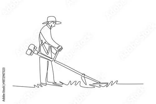 workers are cleaning the lawn. Farmer activity concept. Single line draw design. Vector graphic illustration