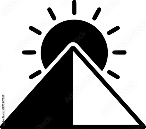 Pyramid and Sun Disk Combined Silhouette Flat Vector Icon
