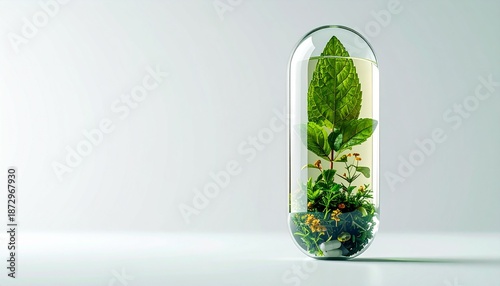 A glass test tube containing a small plant with green leaves and colorful flowers on a white surface against a plain background with soft lighting.
