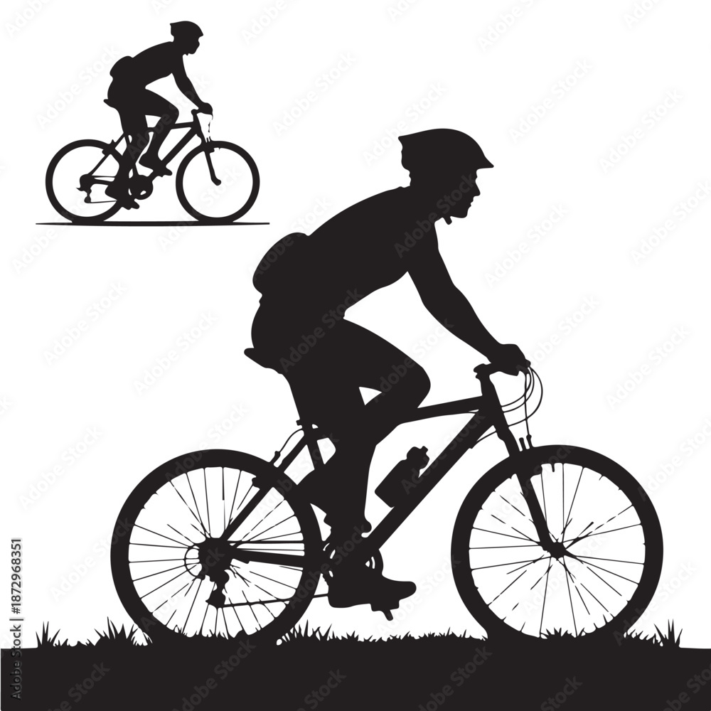 Obraz premium Cyclist Silhouette on Bicycle in Dynamic Pose with Dramatic Lighting on White Background for Sports Illustration
