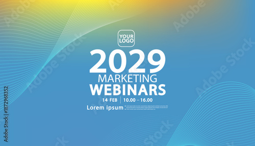 Creative marketing webinar banner. Soft blue and yellow gradient background with abstract wave lines for modern business presentation.
