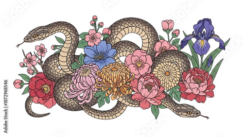 A serpent entwined with flowers in an elegant illustration from a front viewpoint