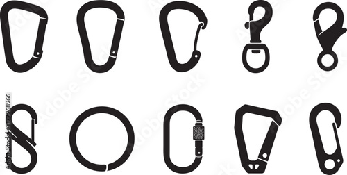 Metal carabiner icon set in bold silhouette style, vector EPS, isolated on white.