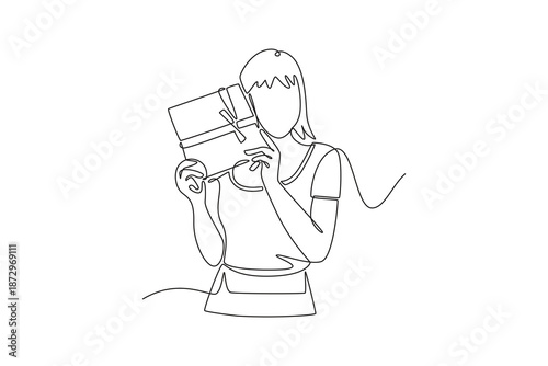 beautiful young girls holding a red gift box. Friends Giving concept. Single line draw design. Vector graphic illustration
