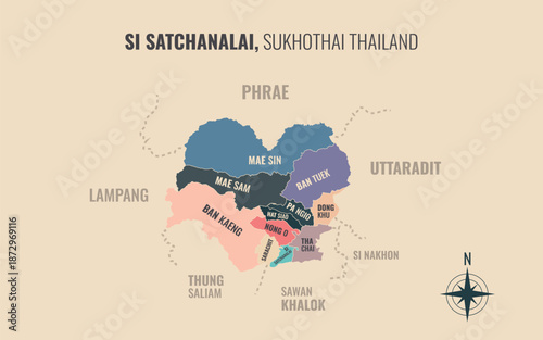 Map showing Si Satchanalai District Sukhothai Thailand divided into sub districts with minimalist colorful patterns