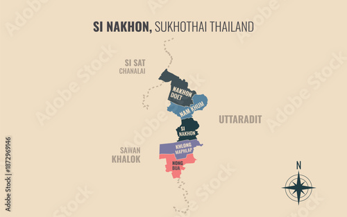 Map showing Si Nakhon District Sukhothai Thailand divided into sub districts with minimalist colorful patterns