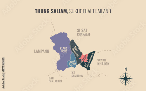Map showing Thung Saliam District Sukhothai Thailand divided into sub districts with minimalist colorful patterns