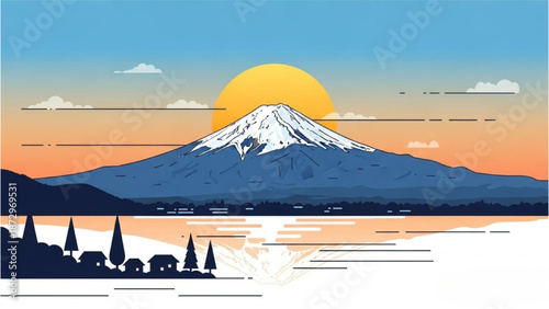 Sunset Over Snow-Capped Mountain Landscape with Silhouetted Trees and Water