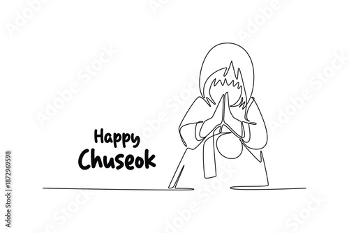 Little girl wearing a Traditional Hanbok dress and praying. Chuseok Day concept. Single line draw design. Vector graphic illustration