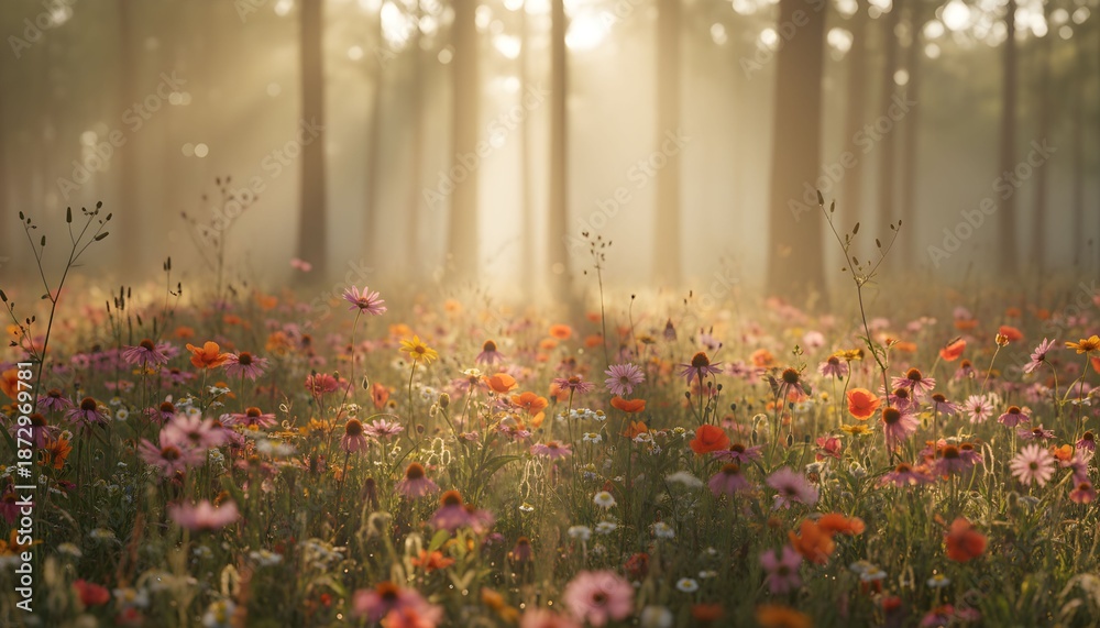 Fototapeta premium A serene forest meadow filled with vibrant wildflowers sways gently in the morning sunlight filtering through tall trees.