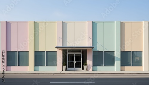 A colorful building with pastel shades and large windows stands against a clear blue sky on a sunny day in a cityscape.